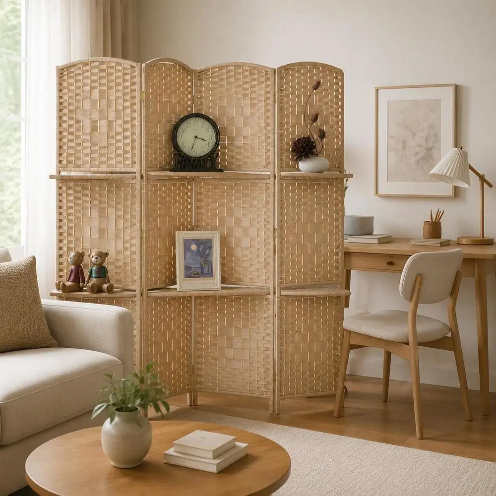 Paravent séparateur de pièce 160x170cm, 4 panneaux en bois, écran de séparation pliable avec 2 étagères, cloison intérieure décorative, paravent amovible, meuble de rangement gain de place, brise-vue pour salon, chambre, bureau, appartement, design moderne et élégant