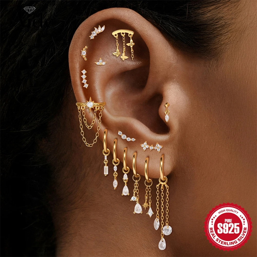 AIDE 925 Sterling Silber Glatter Schmetterlings-/Stern-Anhänger für Damen, Piercing-Ohrring, Wassertropfen-Doppelketten-Charm, Accessoires, Geschenke