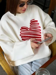 Heart Embroidery Knitted Pullover Women Autumn New Cotton Loose Preppy Style Casual Jumper Tops Sweet Cute Vintage Sweater Y2K