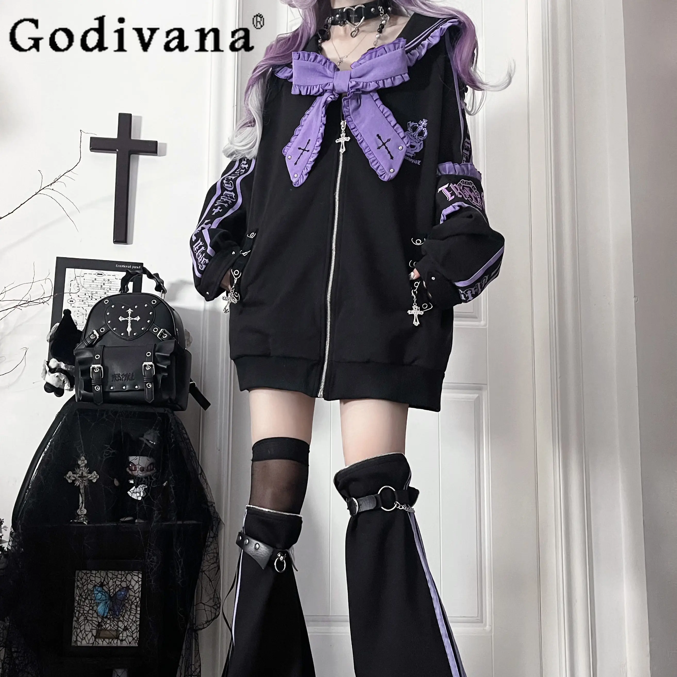 

Subculture Gothic Punk Sweet Cool Jacket Spring New 2026 Girl's Women's Loose Big Bow Letter Embroidery Navy Collar Coats Hoodie