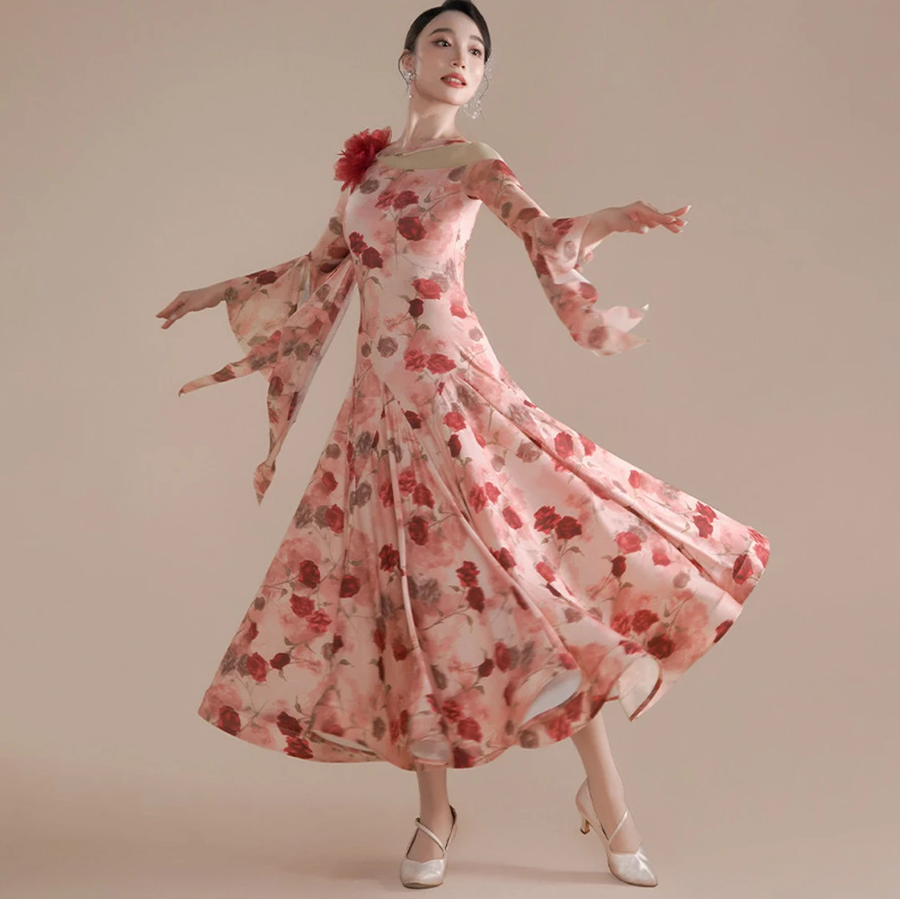 Social Dance Adult New Mesh Foxtrot Elegant Pink Competition Dress Ribbon Long Sleeve Round Neck Purple Printed Waltz Dress