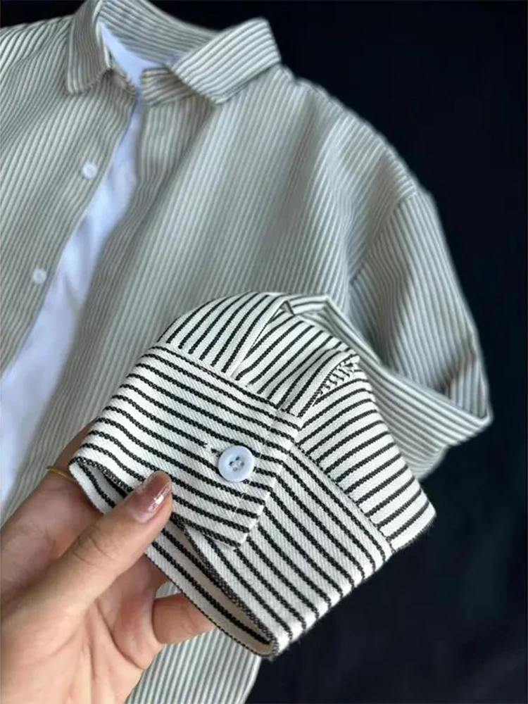 

Мужская винтажная американская рубашка в полоску с длинным рукавом, базовый слой, дизайн для пар, открытый кардиган, верхняя одежда, осенняя мода