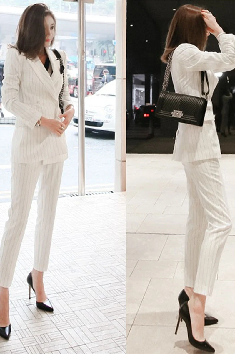 Women\'s OL Fashion Elegant White Stripe Slim Double-breasted Suits Professional Suit Female Suit Two-piece Long Pant Suits