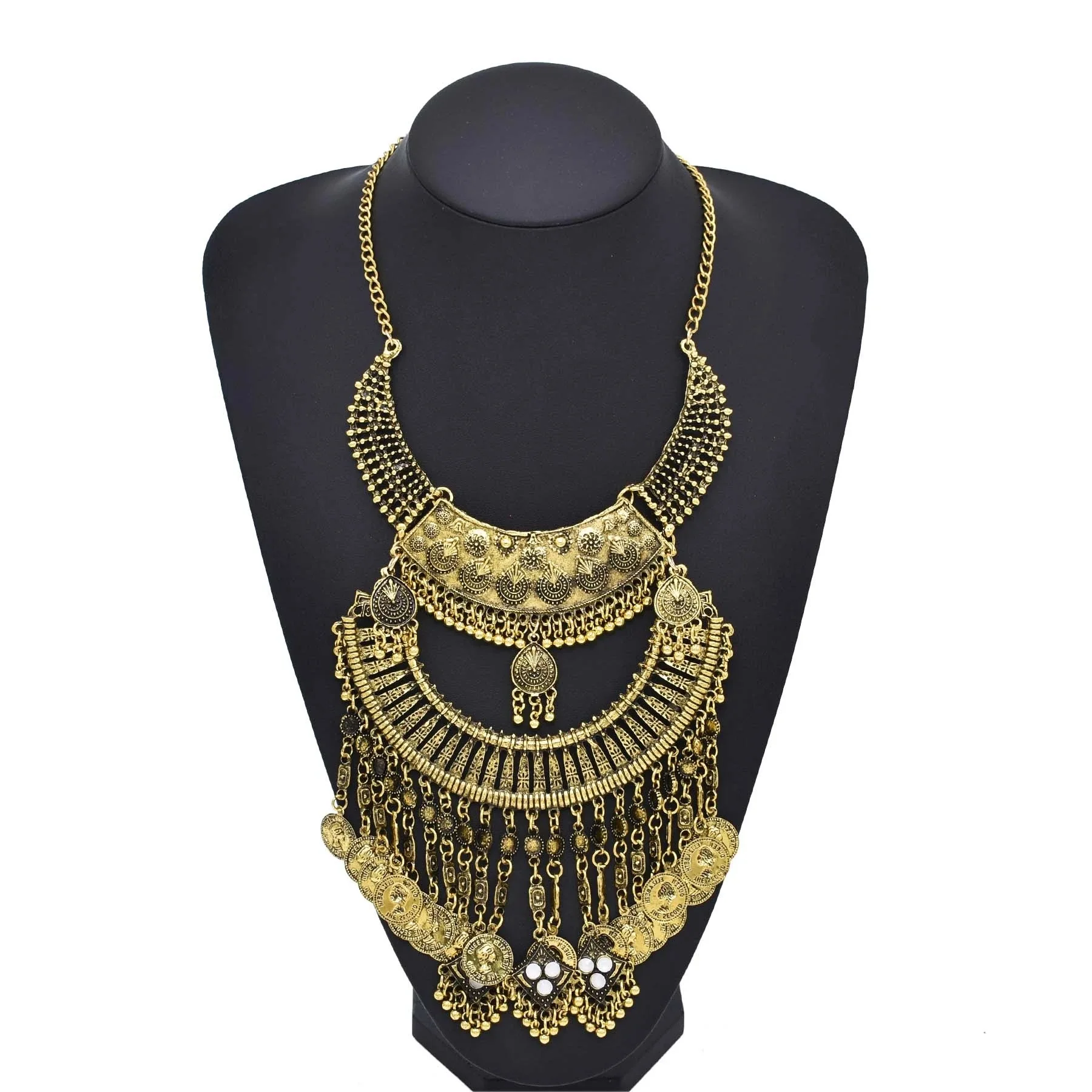 Retro Gold Plated Gypsy Coins Tassel Necklace For Women Ethnic Tribal Style Multi Layer Collar Bib Choker Jewelry accessory