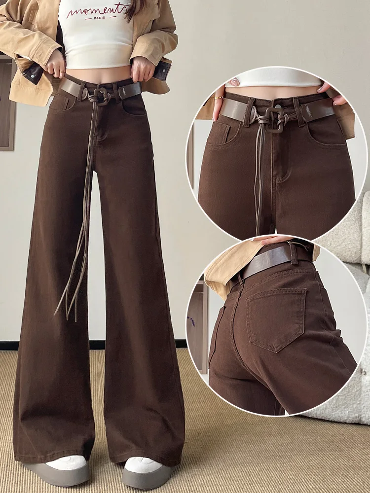 American style coffee colored elastic big leg flared jeans women in winter 2025 thick loose meat blocking wide leg pants