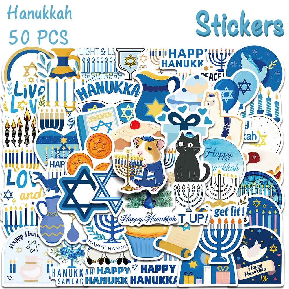50pcs Hanukkah Menorah & Star of David Stickers Jewish Holiday Decal For Scrapbook Envelope Notebook Phone DIY Aesthetic Sticker