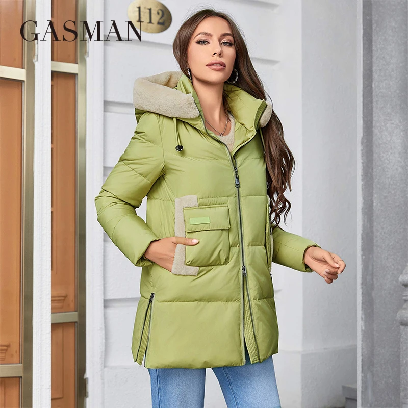 GASMAN 2023 Winter Down Jacket Women Short Classic zipper Design Pocket Stand Collar Hooded Slim Coats Women Parkas 83357