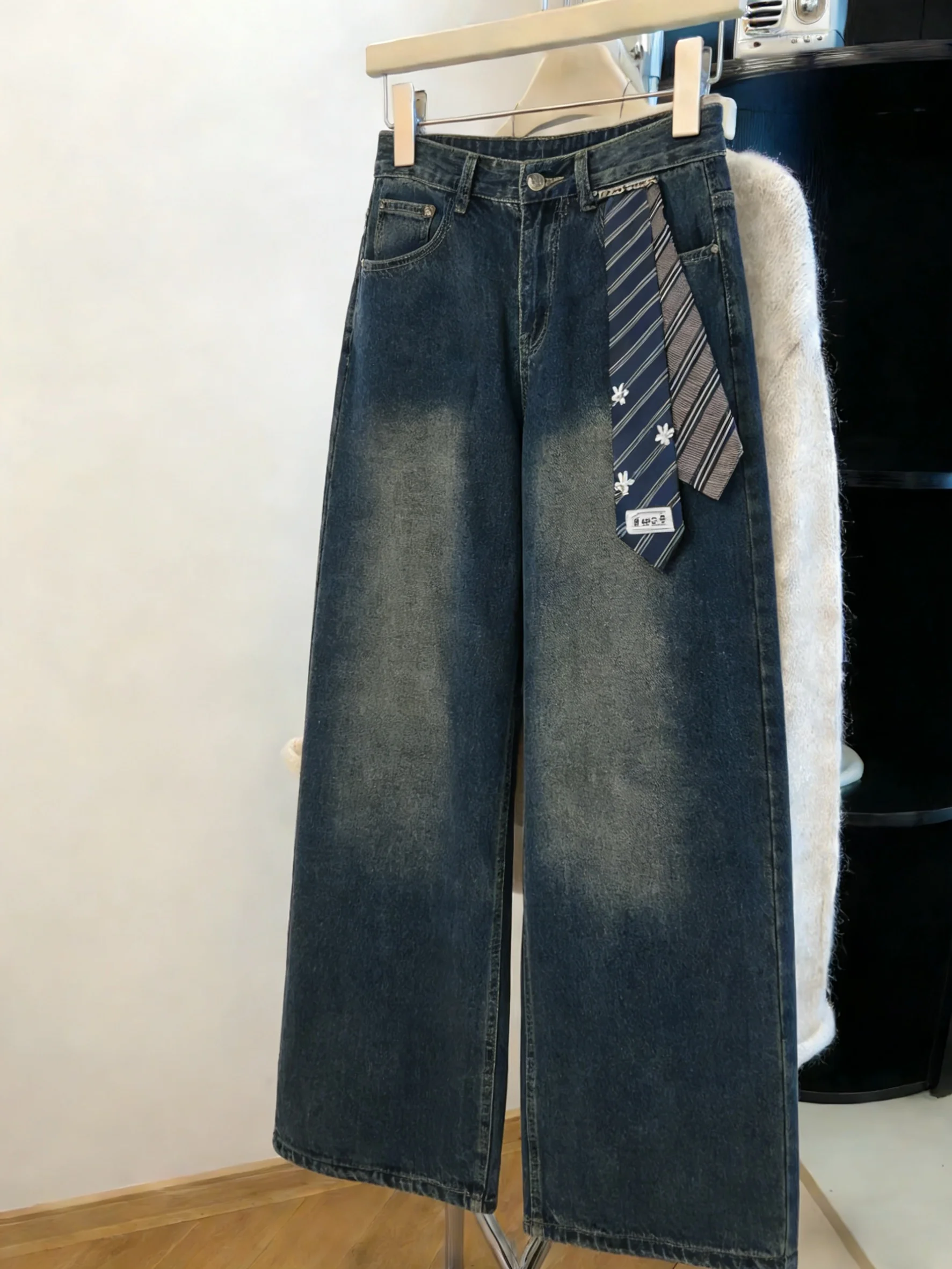 

Модные винтажные джинсы с декоративными завязками, женские, весенне-осенние, с высокой талией, широкие брюки прямого кроя, свободные джинсы из денима