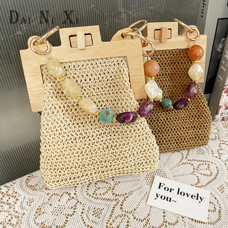 Summer Fashion Wooden Handle Woven Clip Bag Ladies Shoulder Messenger Luxury Handbag Women Straw Bags