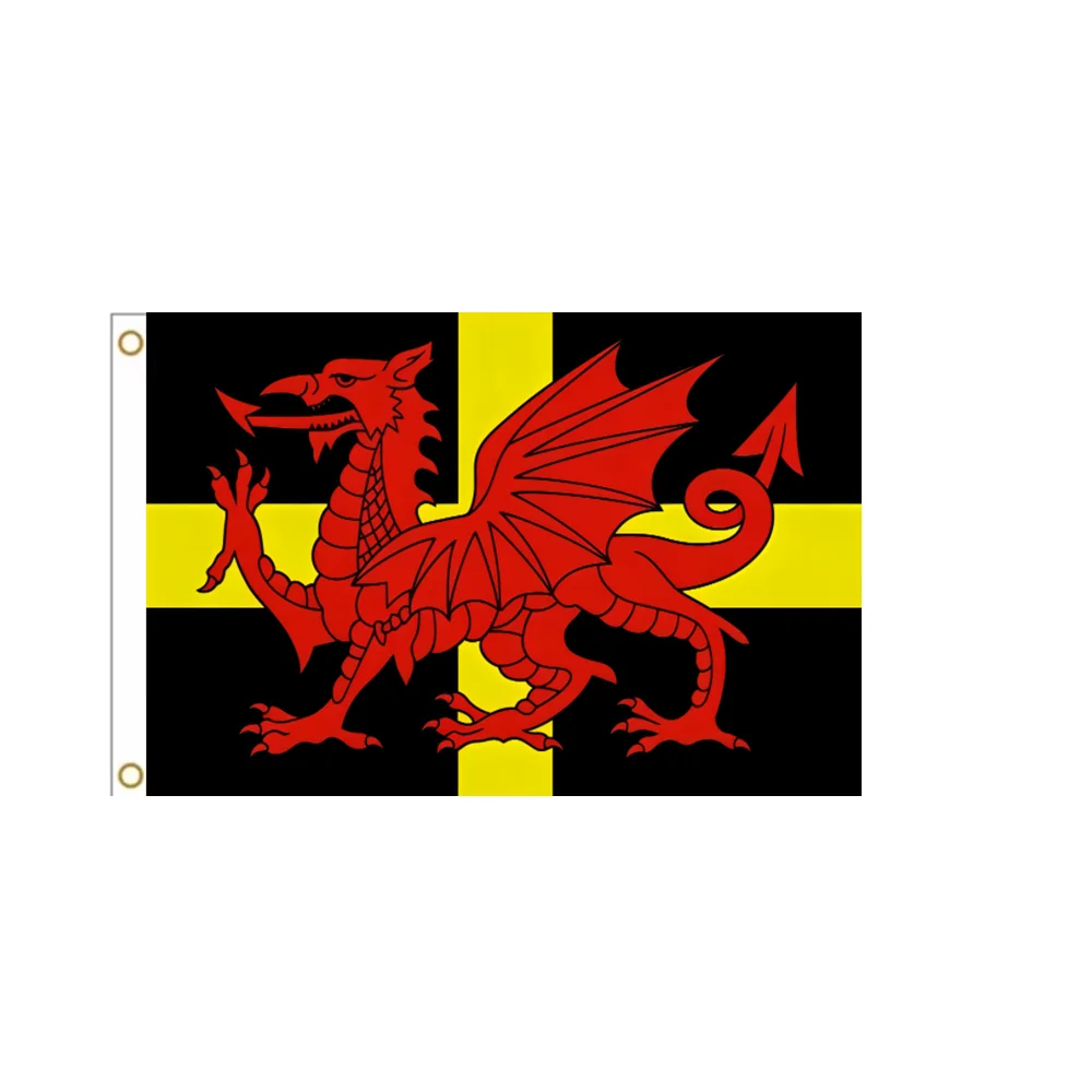 Welsh Red Dragon Black Yellow Cross Banner 2x3ft 3x5ft Wales Polyester Flag for Bedroom Dorm Man Cave Wall Decor