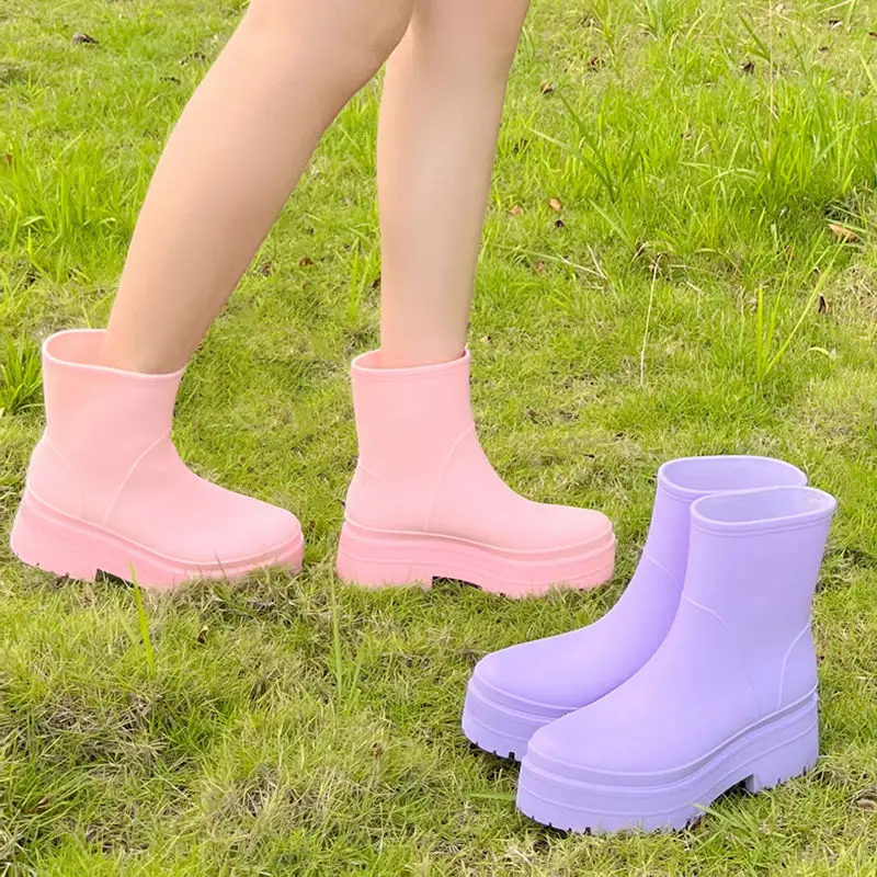 New Women Fashion Colorful PVC Rain Boots Waterproof Woman Outdoor Rainboots Platfor Heels Female Water Shoes Wellies Boots
