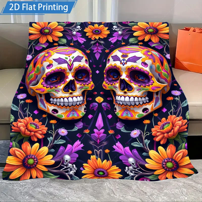

1 шт. фланелевое одеяло с ярким сахарным черепом и цветочным принтом - уютный декор в стиле бохо для дома и путешествий