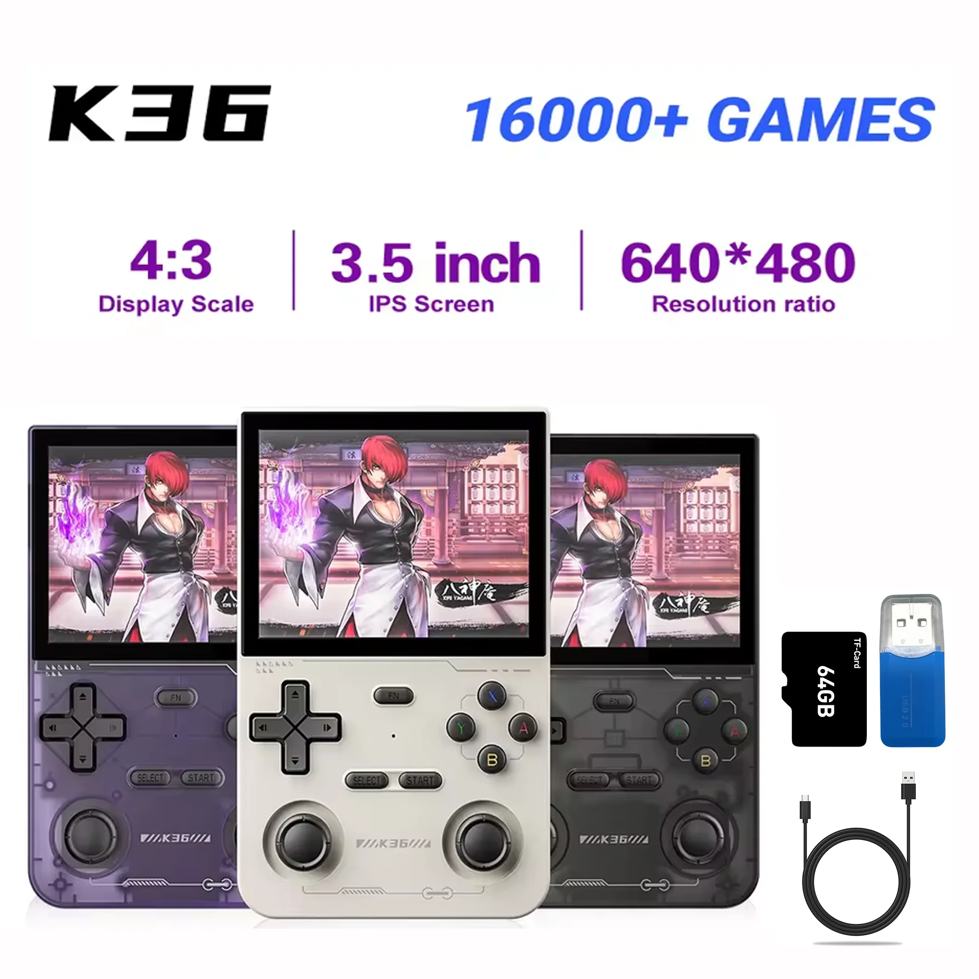 K36 Open Source Handheld Game Console 3.5Inch IPS Screen 64G Built in 16000 Games Retro Video Game Player for PS1/PSP/DC/N64/SS