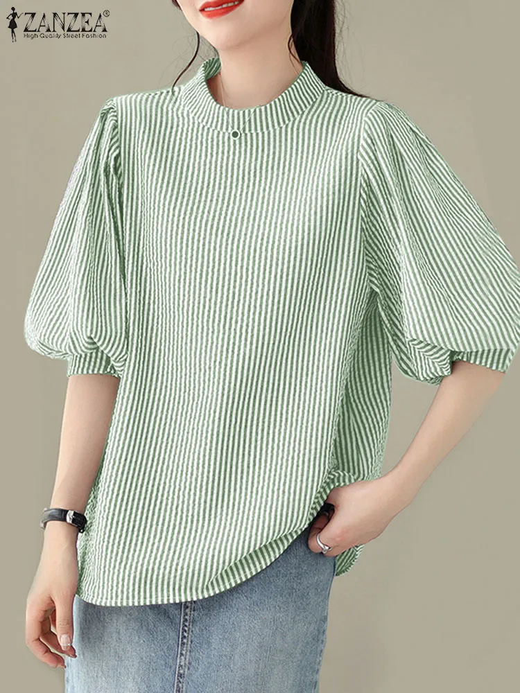 ZANZEA Vrouwen Elegante Lantaarn Mouw Gestreepte Blusas Gebonden Terug Chique Blouses Losse Casual Koreaanse Mode Stand Kraag Tuniek Tops