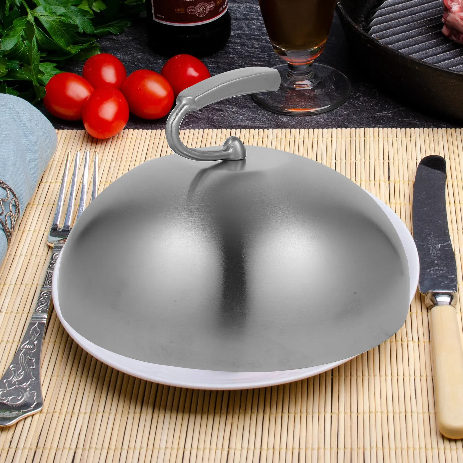

Stainless Steel Food Dome Cover with Ergonomic Top Handle for Steak Bbq Fresh-Keeping Oil-Proof Protection Kitchen Restaurant