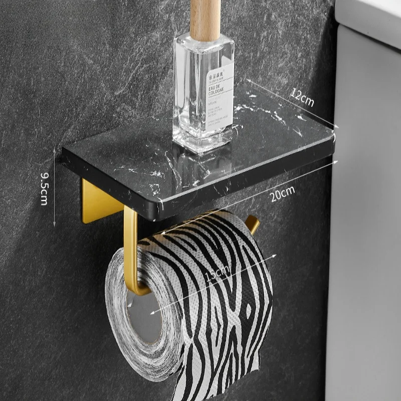 

Wall Mounted White marble toilet paper holder black tissue holder marble black paper roll rack with mobile phone storage rack.