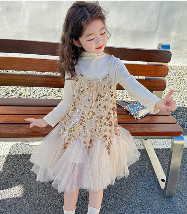 New Baby Girls Fall Boutique  Fashion Sets  Sequined Sling Dress  + Long Sleeve  Underwear   Princess Elegant Suits   2-7T