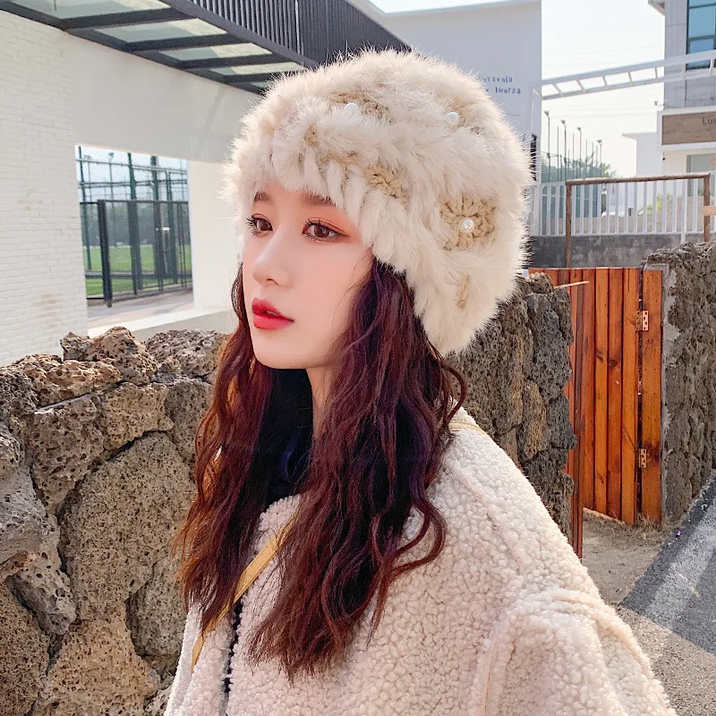 

Women Autumn Winter New Rabbit Fur Hat Warm Ear Protection Pearl Knitted Hats Girls Fashion Caps Fashion Furry Skullies Beanies