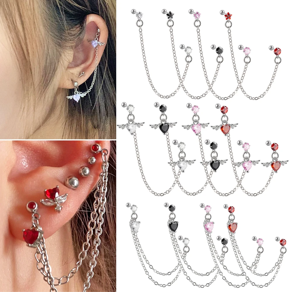 1PC Surgical Steel CZ Gem Ear Tragus Cartilage Piercing Zircon Dangle Chain Earring Conch Ear Stud Helix Piercing Body  Jewelry