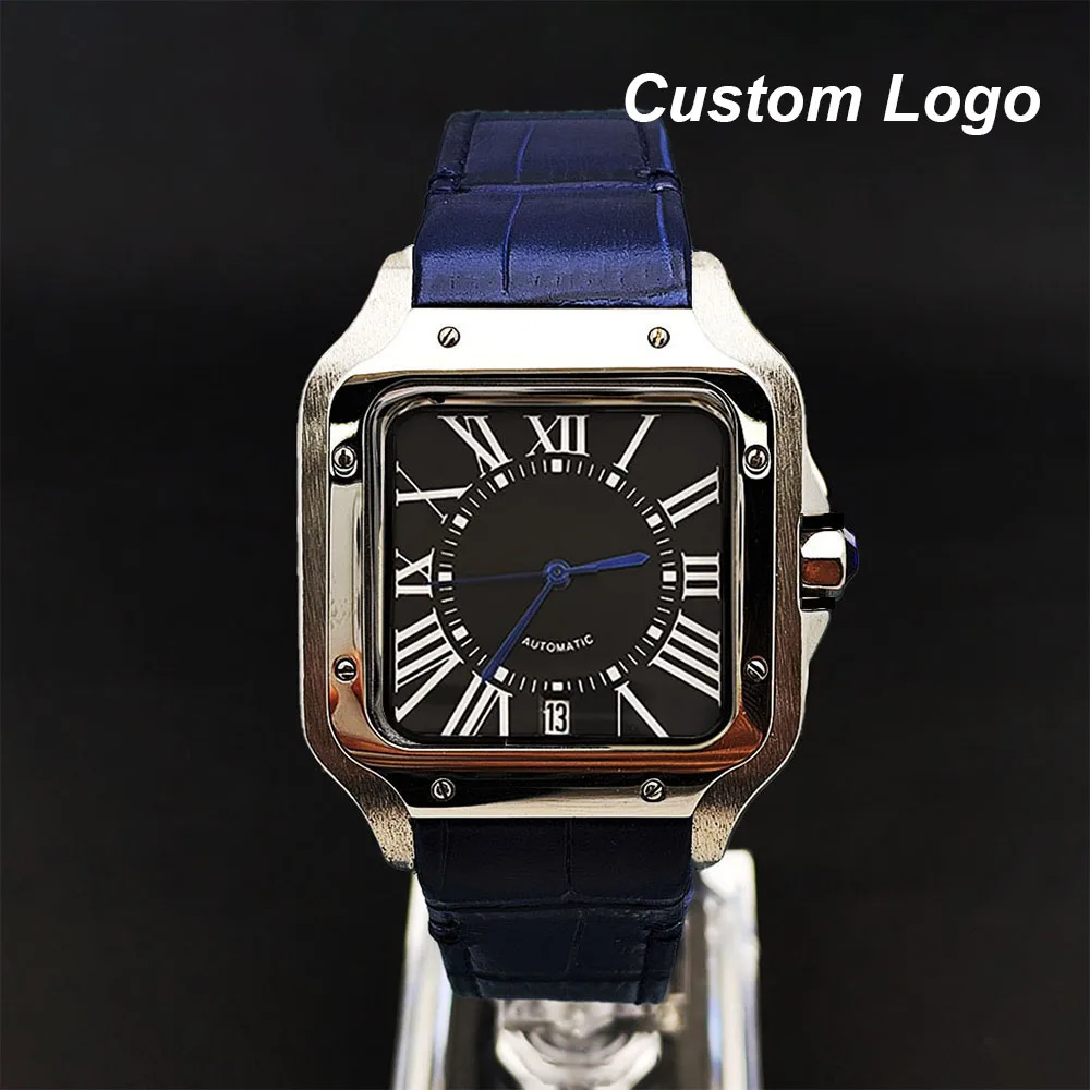 NH35 Watch Blue Leather Strap 40mm with Date Men's Improved Watch Customized LOGO Suitable for NH35 Movement Watch Accessories