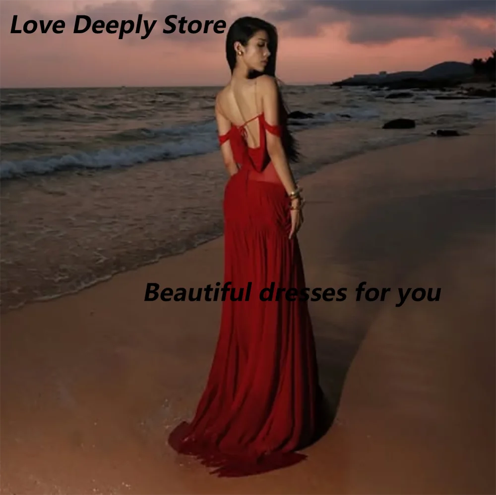 Customized Red Mesh Mother Of The Bride Gown Off Shoulder Sheer Mermaid Long Evening Dress Backless Beach Party Maxi Dress - view 2