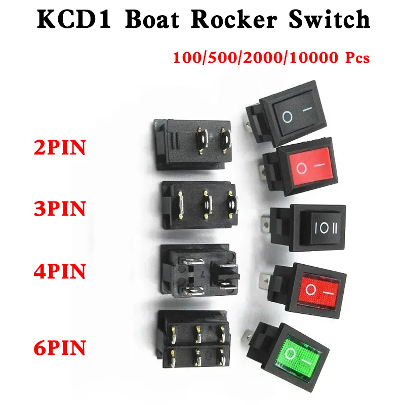 10/100/200/500/10000pcs Black Boat Rocker Switch KCD1 On/Off 2/3/4/6-Pin 2-Position Snap 10A/125V, 6A/250V Red/Green LED Light