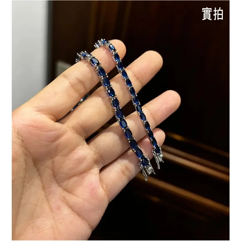 Kryos Jewelry Luxury Solid Platinum PT950 Blue Oval Moissanite Bracelet Ins Women's Niche Design Simple Fashion Bracelet