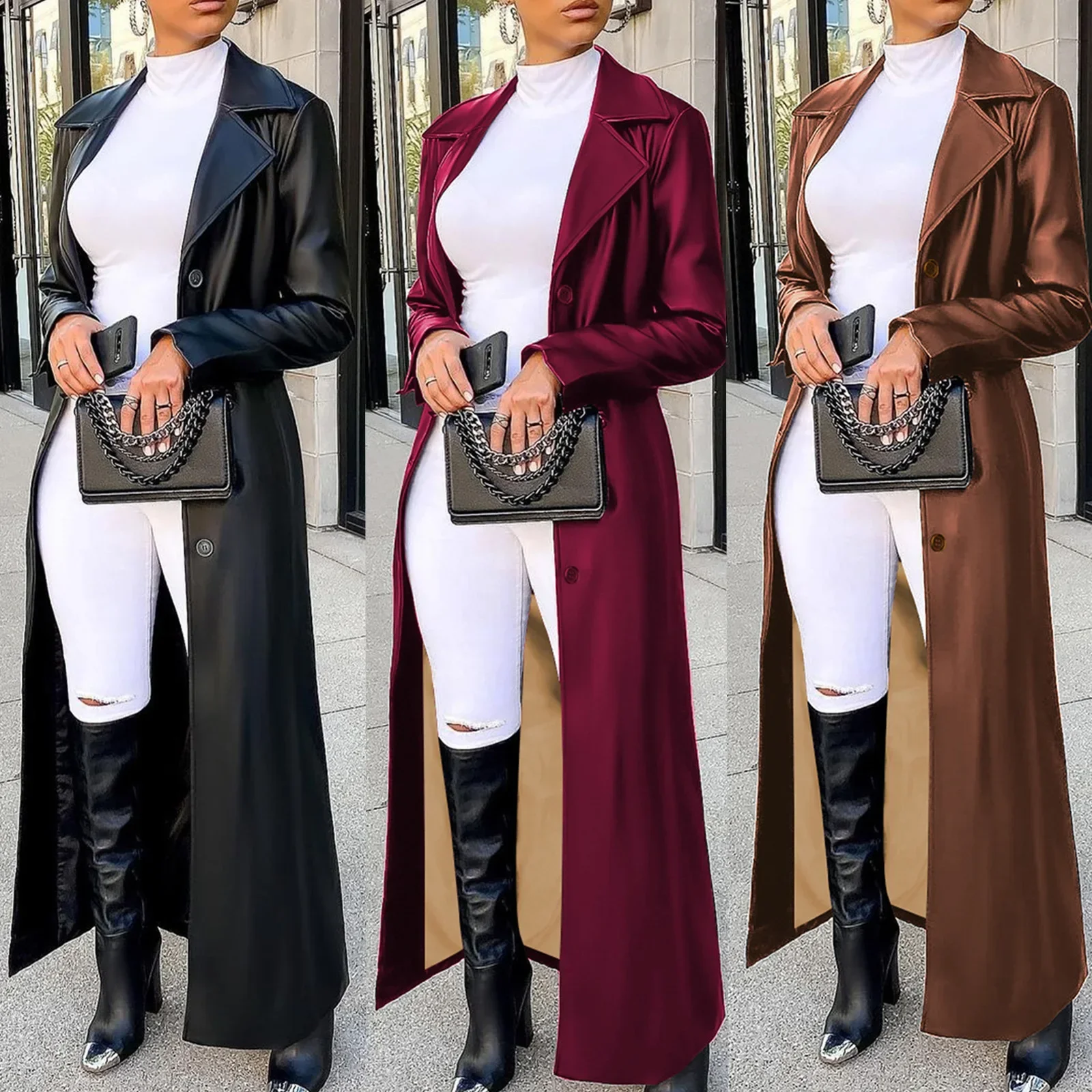 Women’s Coats Thick PU Leather Long Sleeve 2024 Winter Notched Neck X-Long Trench Street Wear Fashion OL Work Outcoat