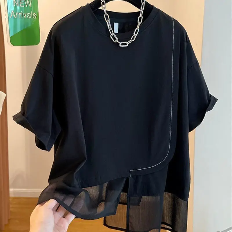 Oversized T Shirt Black Chiffon Patchwork Short Sleeved Top Irregular T-shirts Graphic Ropa Mujer Tees White Korean 2024 New