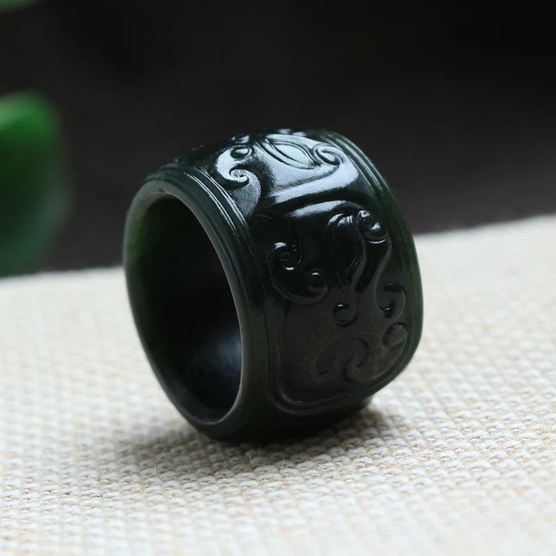 Natural hetian cyan jade ring, handmade dragon sculpture simple jade ring, men party wedding jewelry gift rings for men