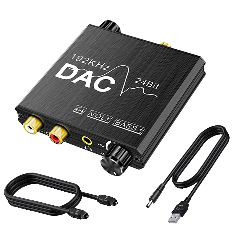 Digital to Analog Audio Converter 192KHz DAC Digital SPDIF Coaxial Optical to L/R RCA Audio Adapter with Bass and Volume Control