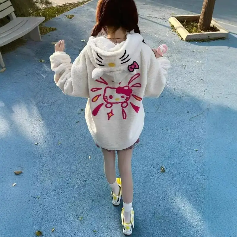 كيتي القط التطريز مقنعين القطن لامب الصوف معطف Y2K المرأة سستة الاتجاه سترة النساء الشتاء سميكة الملابس الدافئة