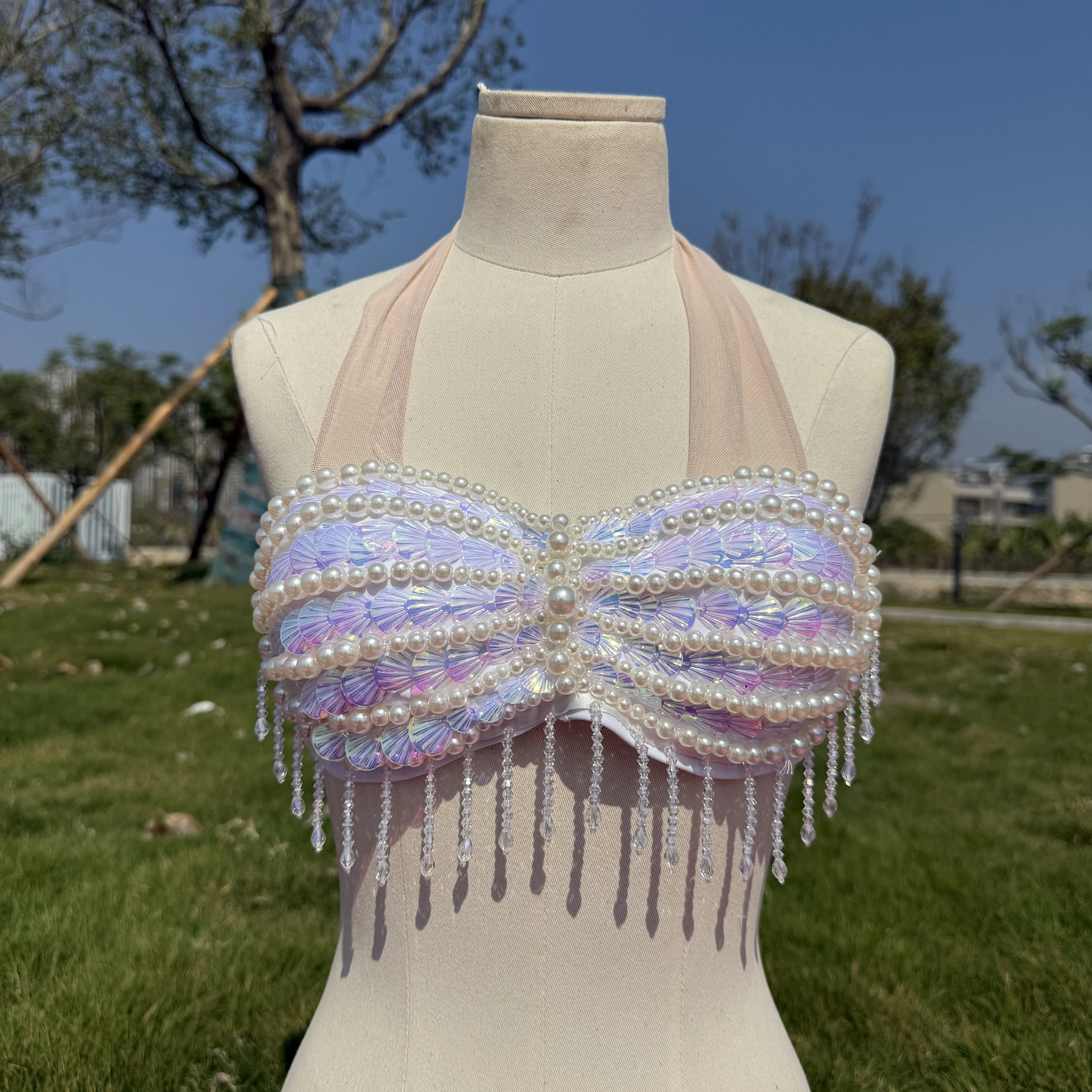 New Shell Fish Scale Bikini Sequins Lace-up Bra Realistic Mermaid Bra for Aquarium Shooting Dance Performance Beach Swimwear