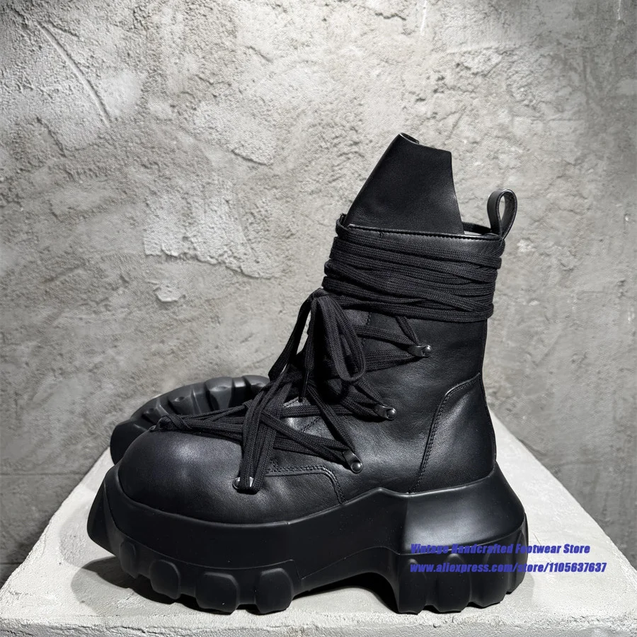 Black Leather Platform Ankle Boots for Men Multi Cross Laces Side Zipper Gothic Punk Chunky Sole Booties Designer Men's Boots
