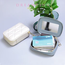 Genuine Leather Women Makeup Bag Luxury Zip Mirror Cosmetic Box Mini Travel Lady Lipstick Case Jewelry Storage Coin Organzier