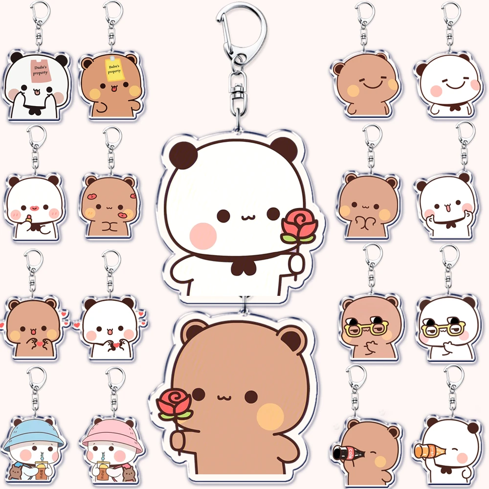 Lovely Couple Bubu Dudu Rose Love Keychains Bear Panda Keyrings for Accessories Bag Pendant Key Chain Jewelry Fans Lovers Gifts