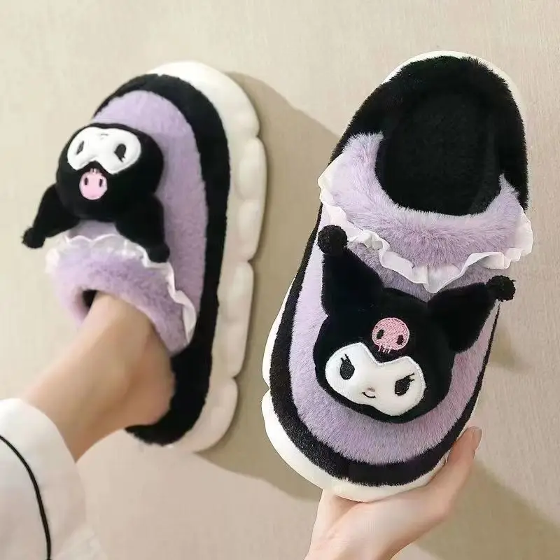 Sanrio Kuromi Slippers Cute Cinnamoroll Hello Kitty Cotton Fuzzy Slippers My Melody Women\'s Winter Velvet Warm Home Shoes Gifts