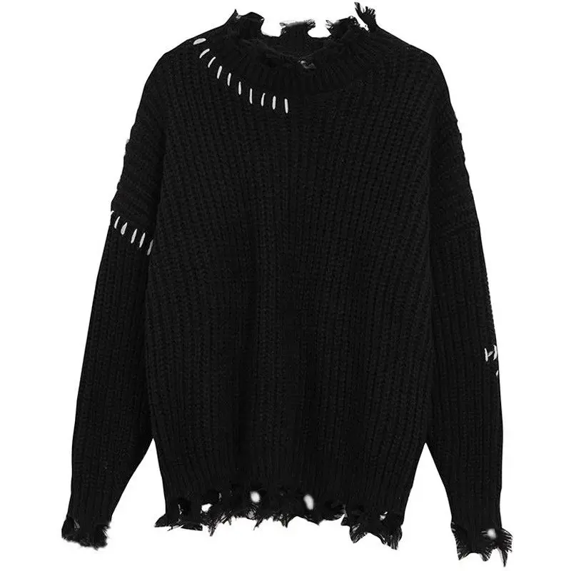 Deeptown Black Ripped Sweater Women Vintage Knitted Jumper Korean Fashion Knitwear Goth Streetwear Oversize Aesthetic Streetwear