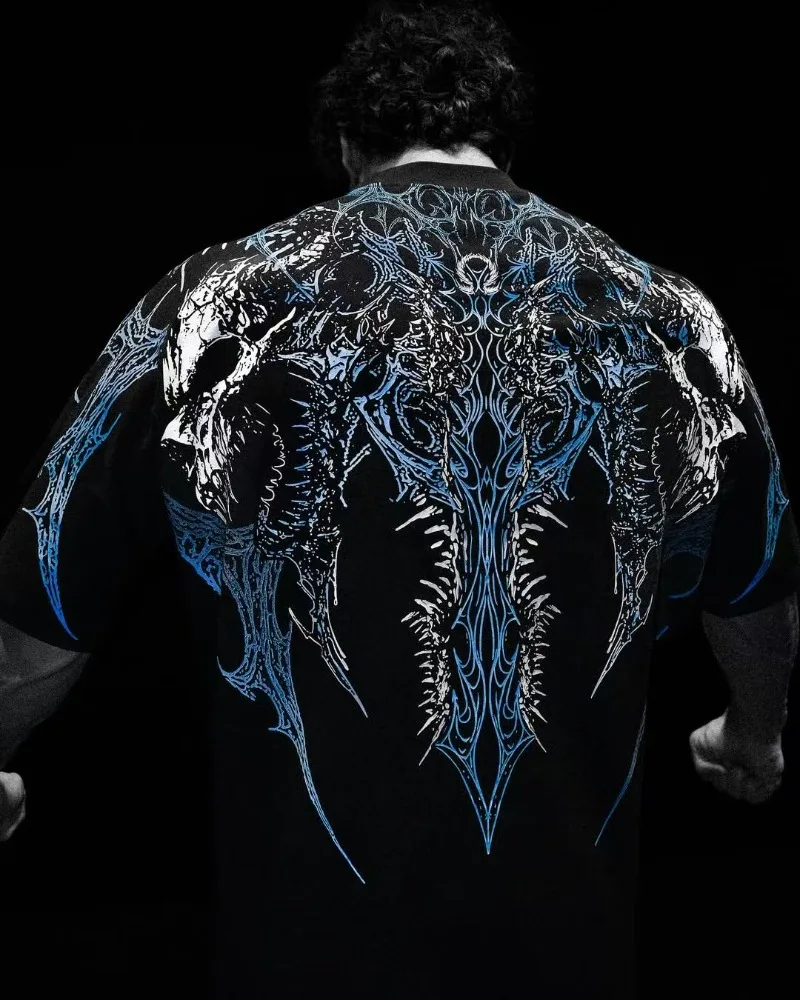 

Уличная мода Harajuku Goth скелет темная мужская рубашка 2025 Y2K большой узор хип-хоп повседневная трендовая свободная футболка с короткими рукавами