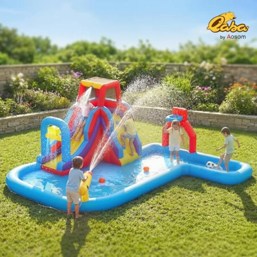Inflatable Water Slide Bounce House for indoor outdoor use, PVC material, blue and yellow, 6-in-1 design with slide, climbing w