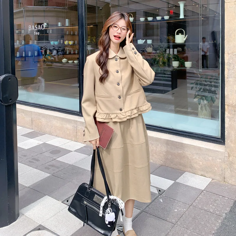 Korean version retro lapel collar single breasted pleated short cardigan jacket+loose casual half skirt women's autumn set