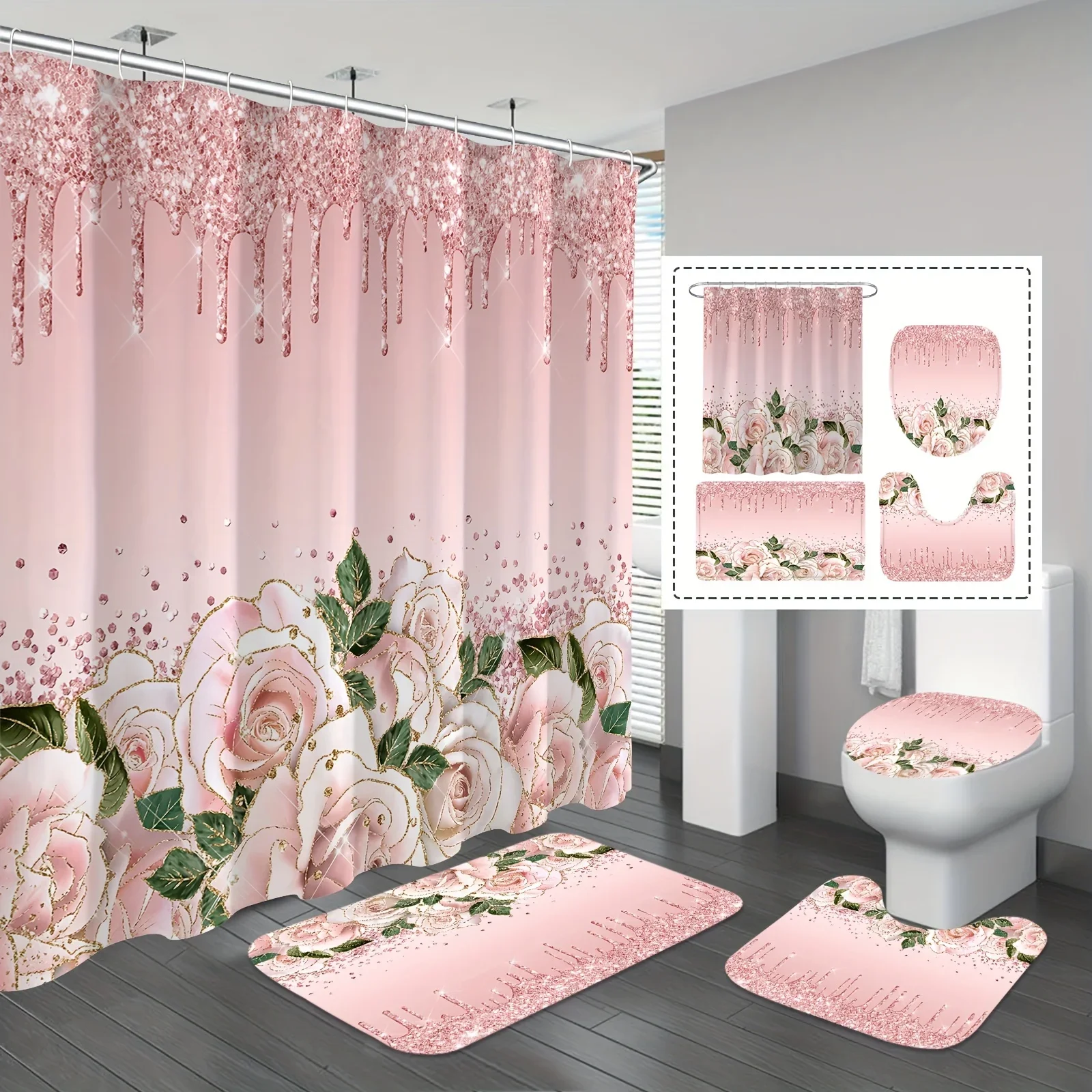 

Elegant Pink Roses Bathroom Four-Piece Set - Romantic Waterproof Shower Curtain for a Complete Bathroom Set