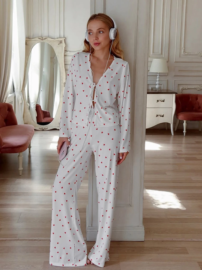 

Marthaqiqi Printing Female Sleepwear Suit V-Neck Pajamas Long Sleeve Nightie Lace Up Nightwear Pants Casual Women Nightgowns Set