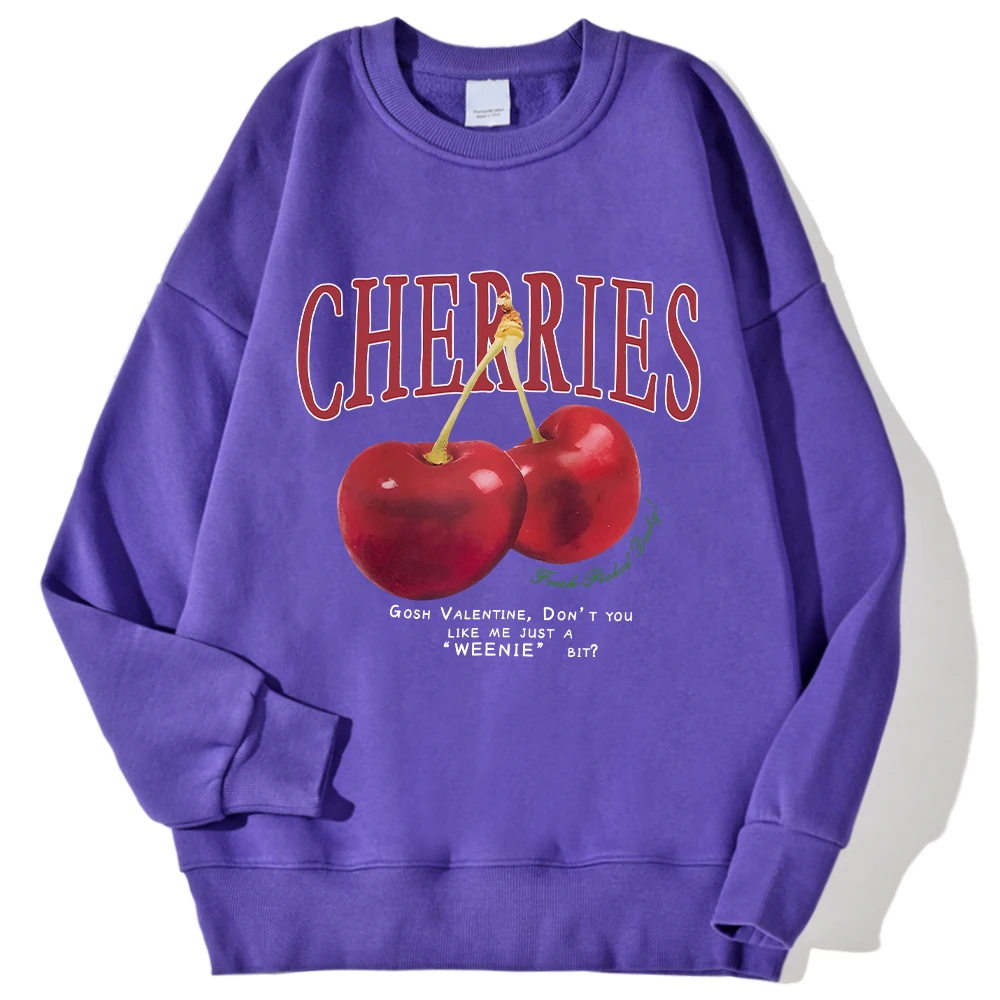 Autumn Winter Womens Sweatshirt Fresh Red Cherries Printing Pullover Loose Crewneck Warm Comfortable Hoodies Street Clothing