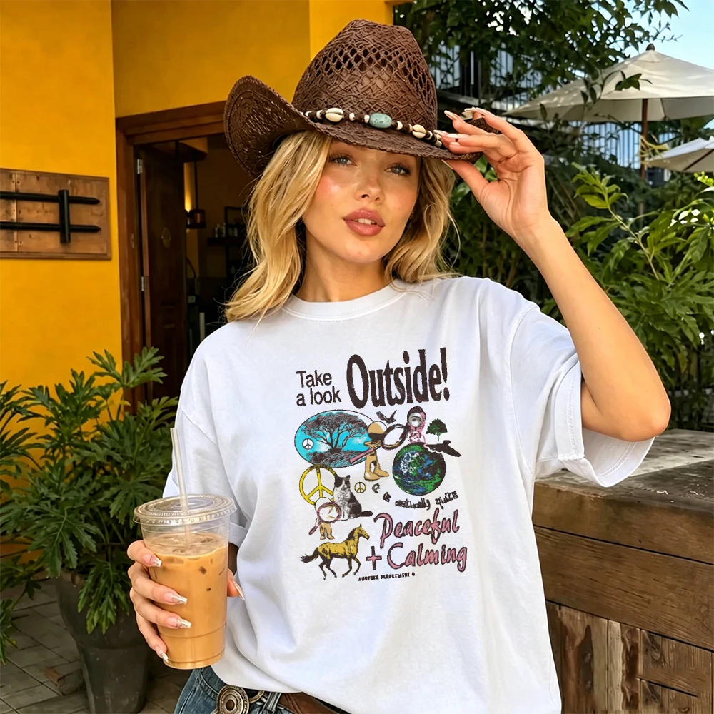 Take A Look Outside Peaceful Calming Vintage Earth Animal Collage Unisex Summer Cotton Shirt Hippie Nature Wanderlust Casual Top