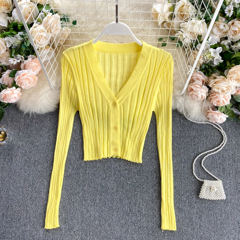 New Stretch Slim Solid V-neck Long Sleeve Ribbed Knitted Cardigan Thin Single Breasted Sweater Multi Color Short Crop Top