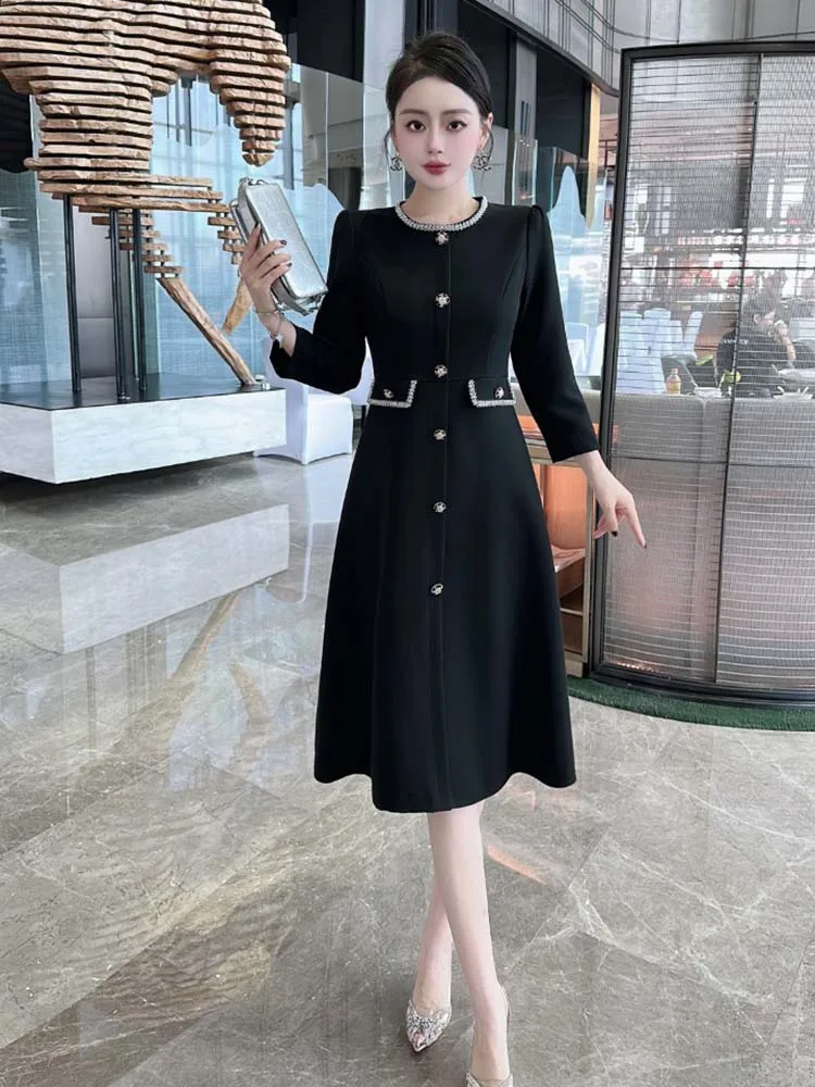 ZJYT Autumn Designer Beading Elegant Dresses for Women 2024 New Long Sleeve Solid Blue Casual Aline Midi Dress Female Vestidos