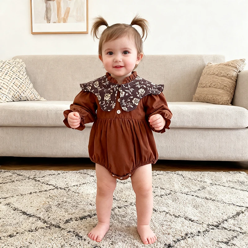 جديد ربيع 2026 بدلة للأطفال حديثي الولادة رومبير 0-2 سنة مطرز بالزهور وطية صدر السترة بلون سادة وأكمام طويلة ملابس أطفال