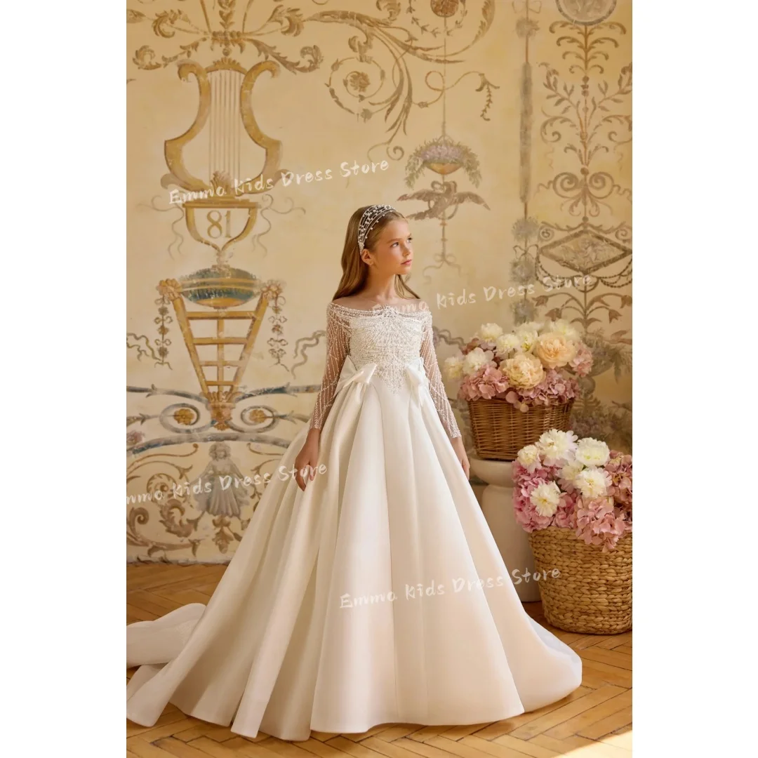 Custom Luxury White Pearl Beaded Flower Girl Dress Wedding Puffy Skirt First Communion Baby Girl Birthday Party view 5