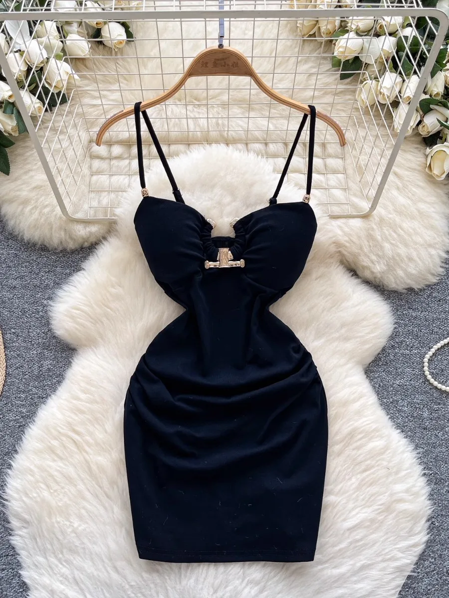 Foamlina Sexy Ausschnitt Metall Knopf Sling Kleid Frauen Cinched Taille Rückenfreie Brust Freigelegten Slim Fit Bodycon Mini Kleid Nachtclub